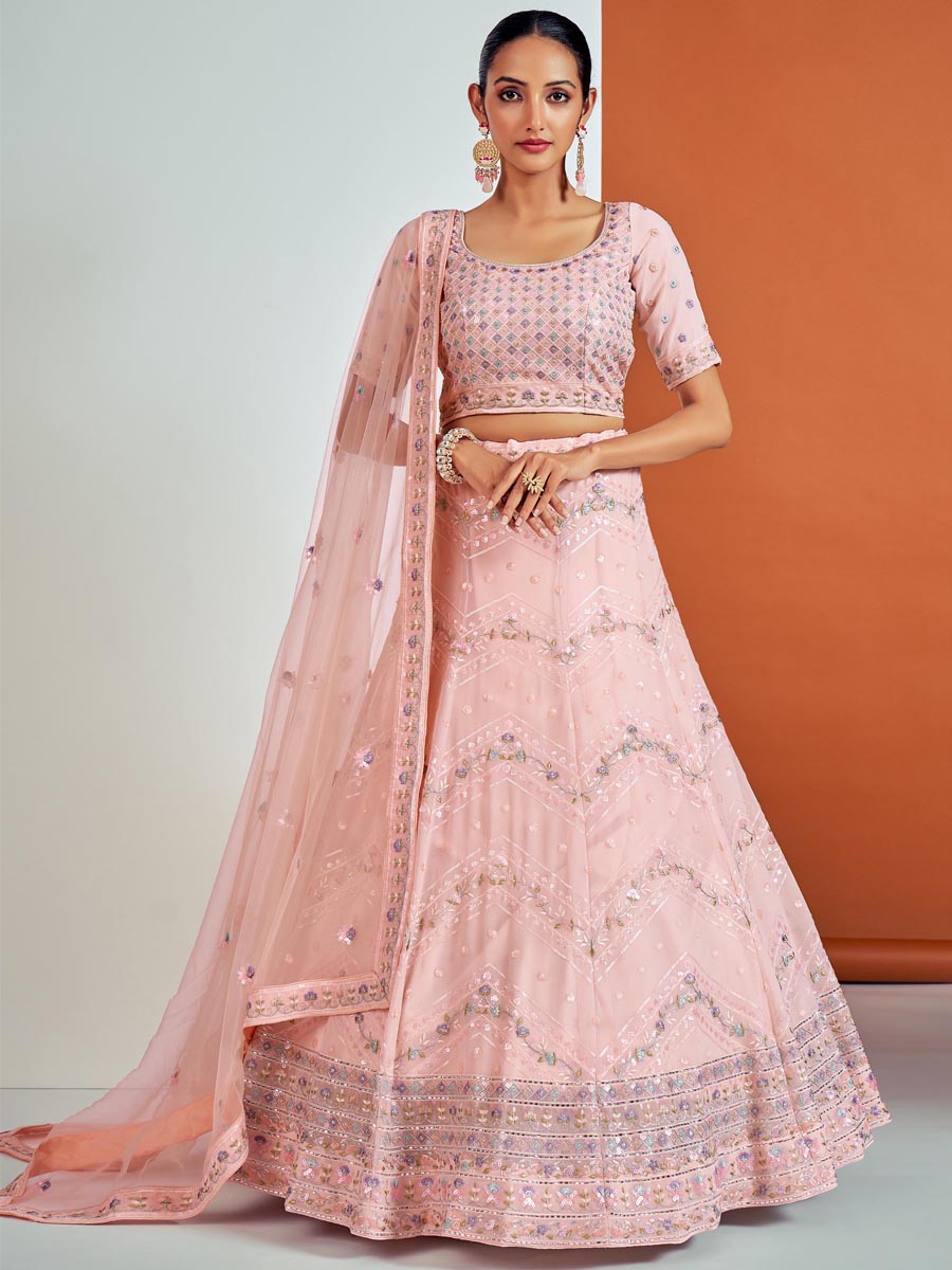 Peach Georgette Embroidered Bridesmaid Wedding Heavy Border Lehenga Choli