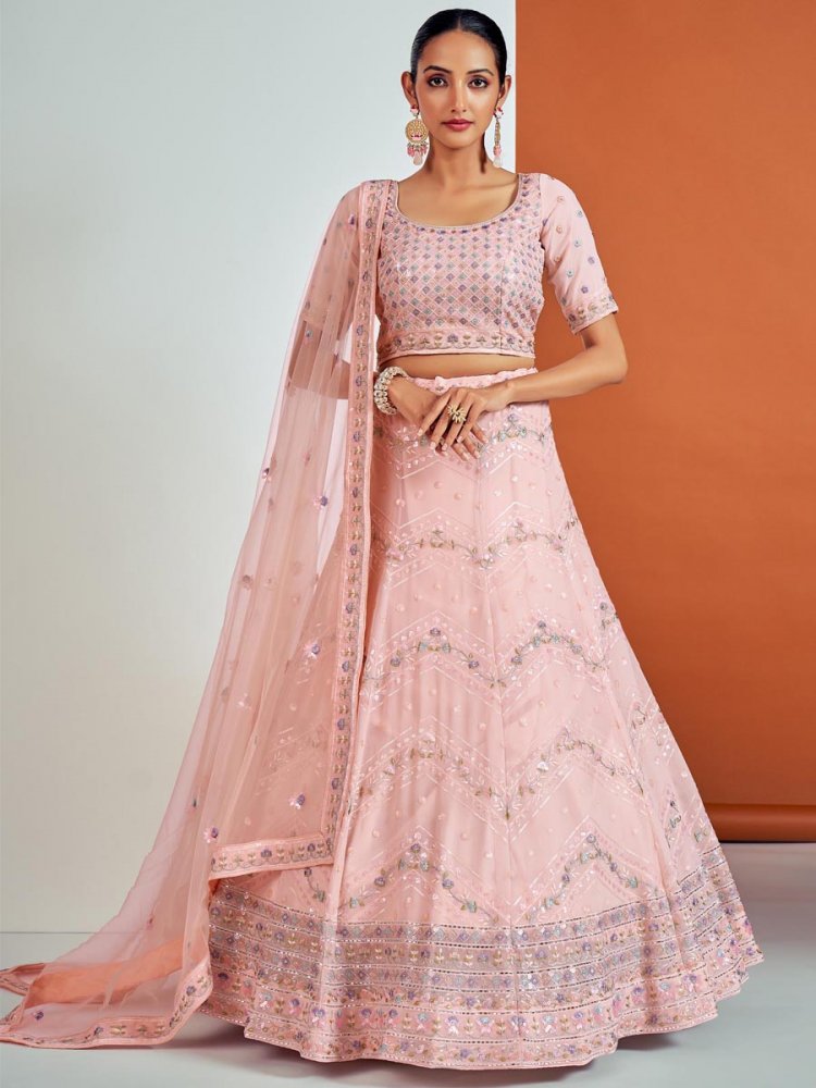 Peach Georgette Embroidered Bridesmaid Wedding Heavy Border Lehenga Choli