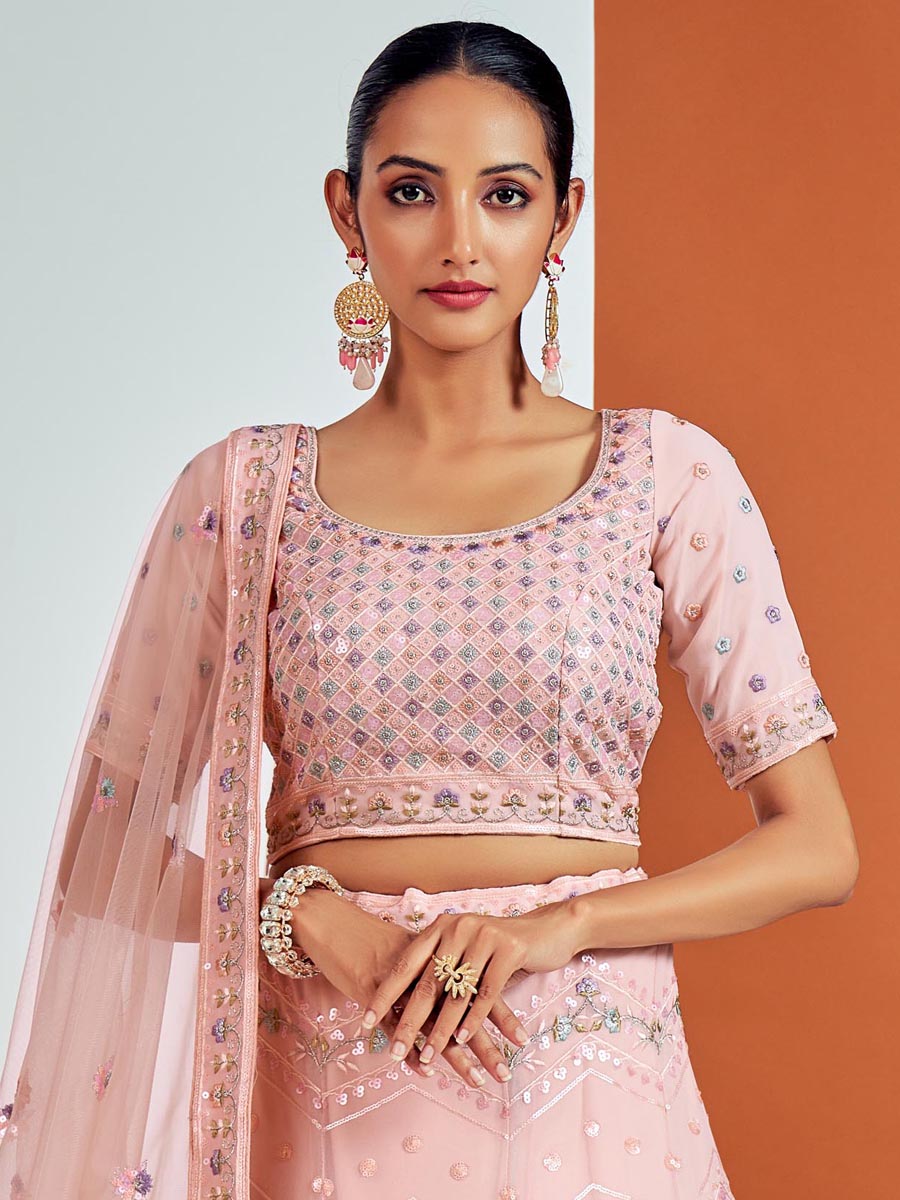 Peach Georgette Embroidered Bridesmaid Wedding Heavy Border Lehenga Choli