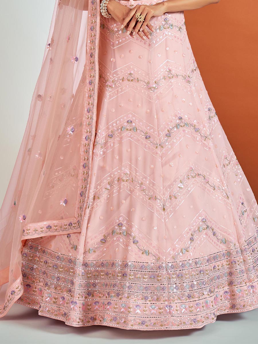 Peach Georgette Embroidered Bridesmaid Wedding Heavy Border Lehenga Choli