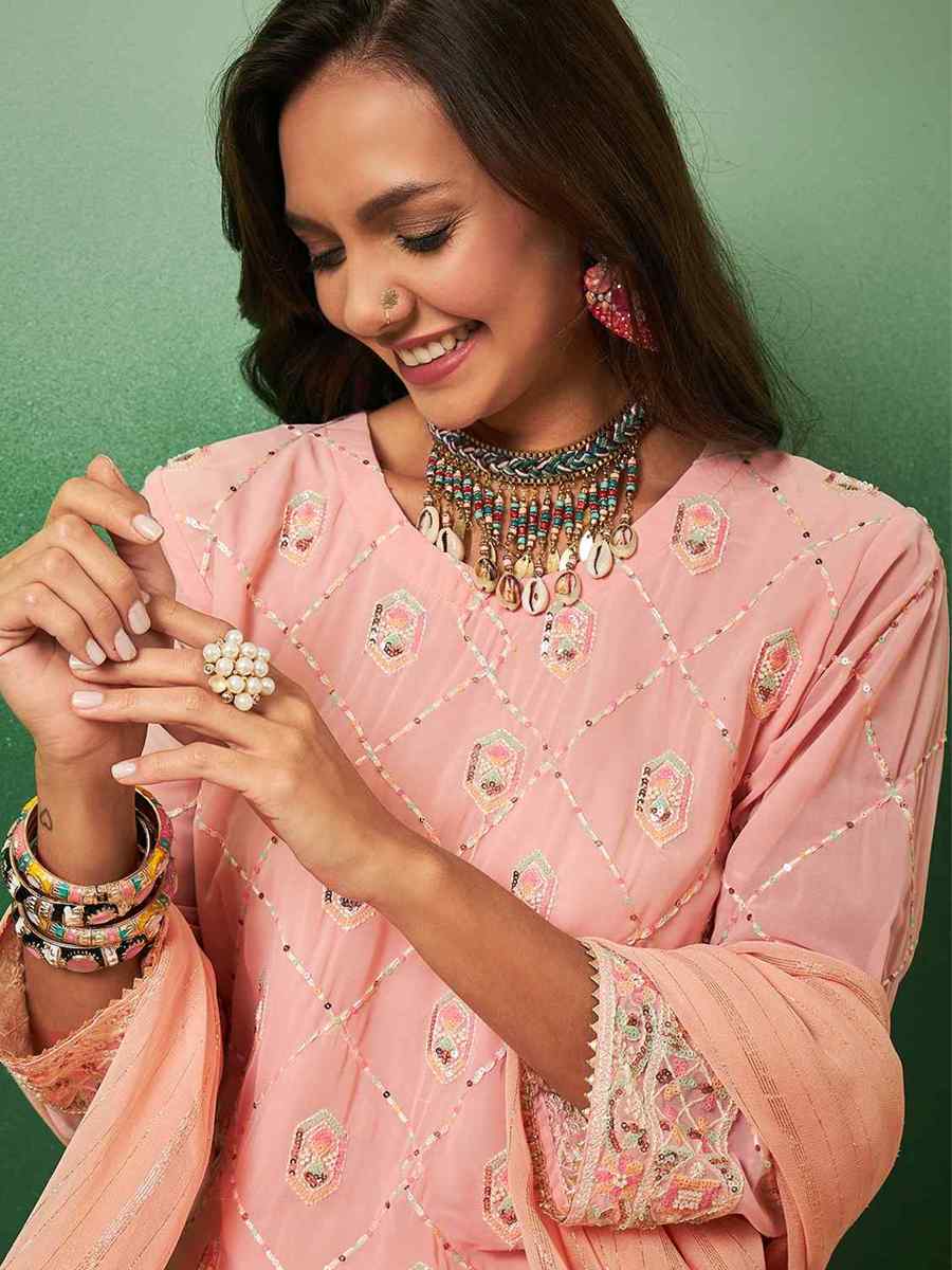 Peach Georgette Embroidered Casual Festival Pant Salwar Kameez