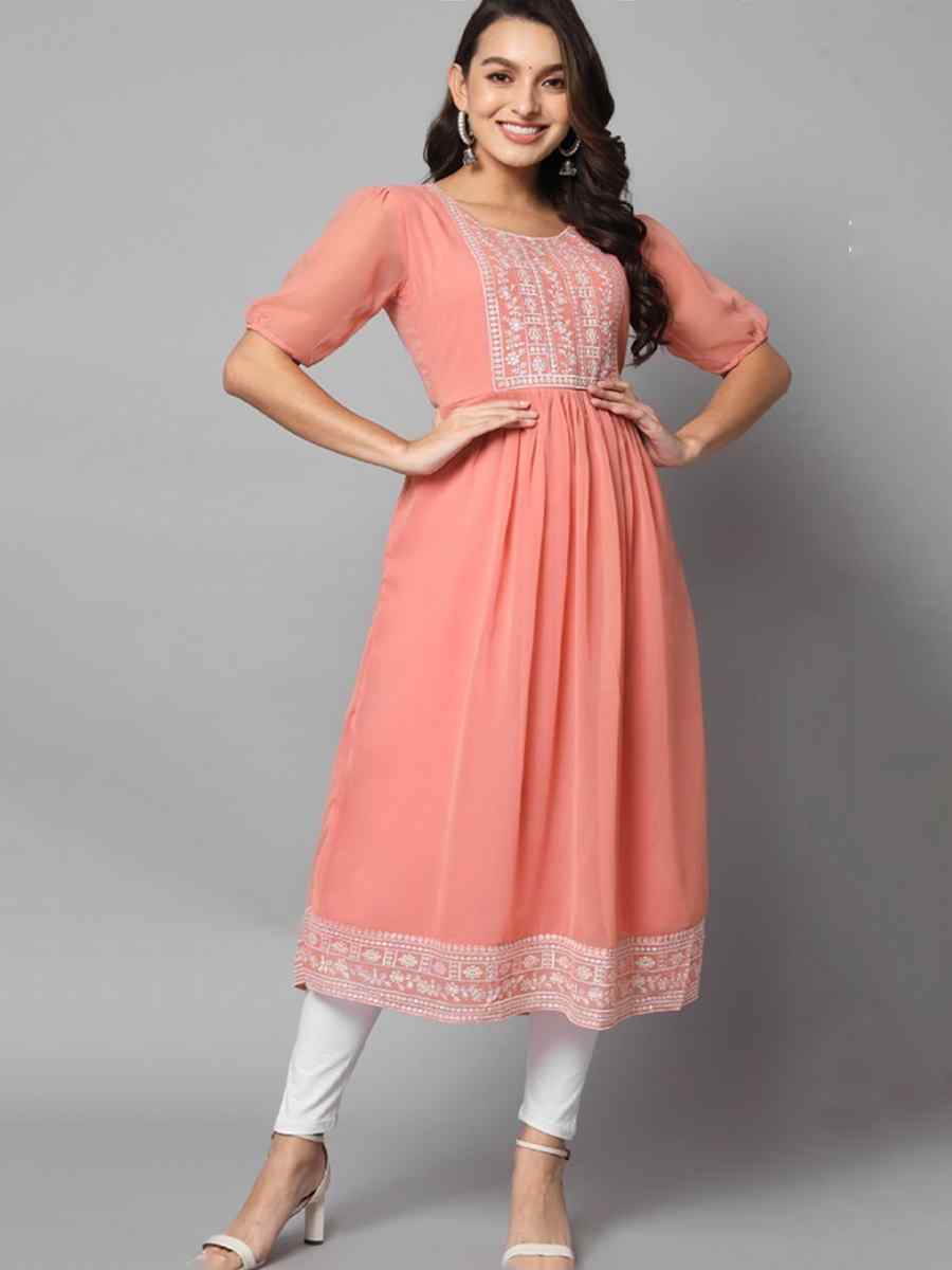Peach Georgette Embroidered Festival Casual Kurti