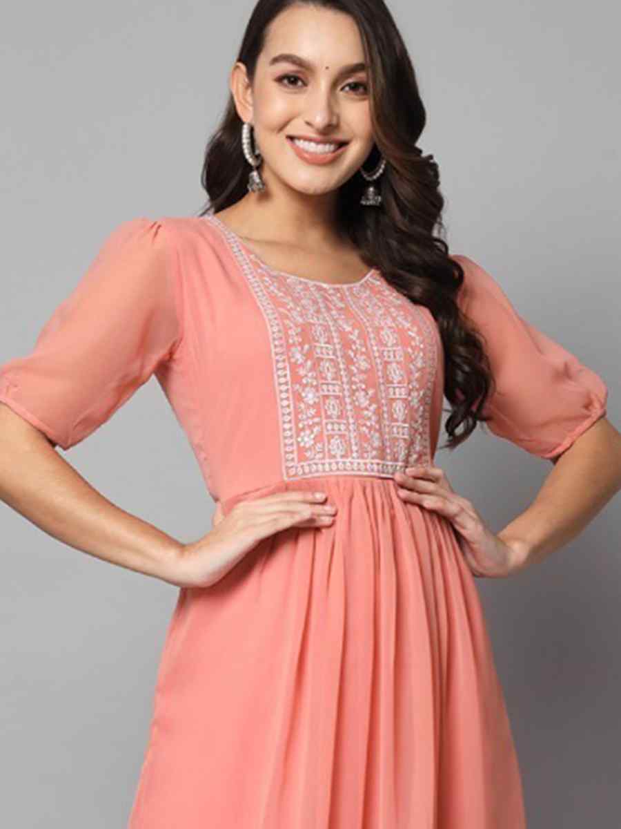 Peach Georgette Embroidered Festival Casual Kurti