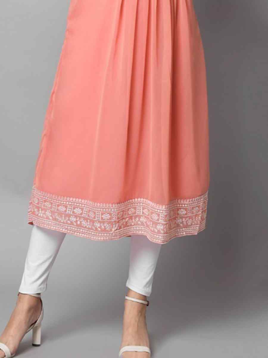Peach Georgette Embroidered Festival Casual Kurti
