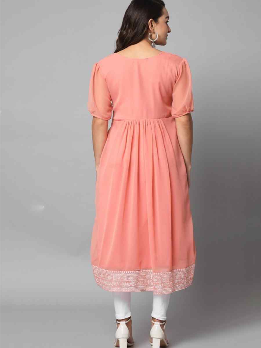 Peach Georgette Embroidered Festival Casual Kurti
