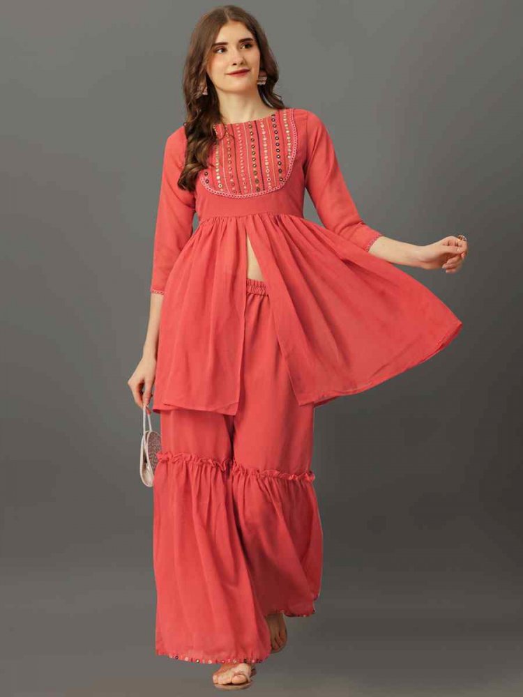 Peach Georgette Embroidered Festival Casual Kurti with Bottom