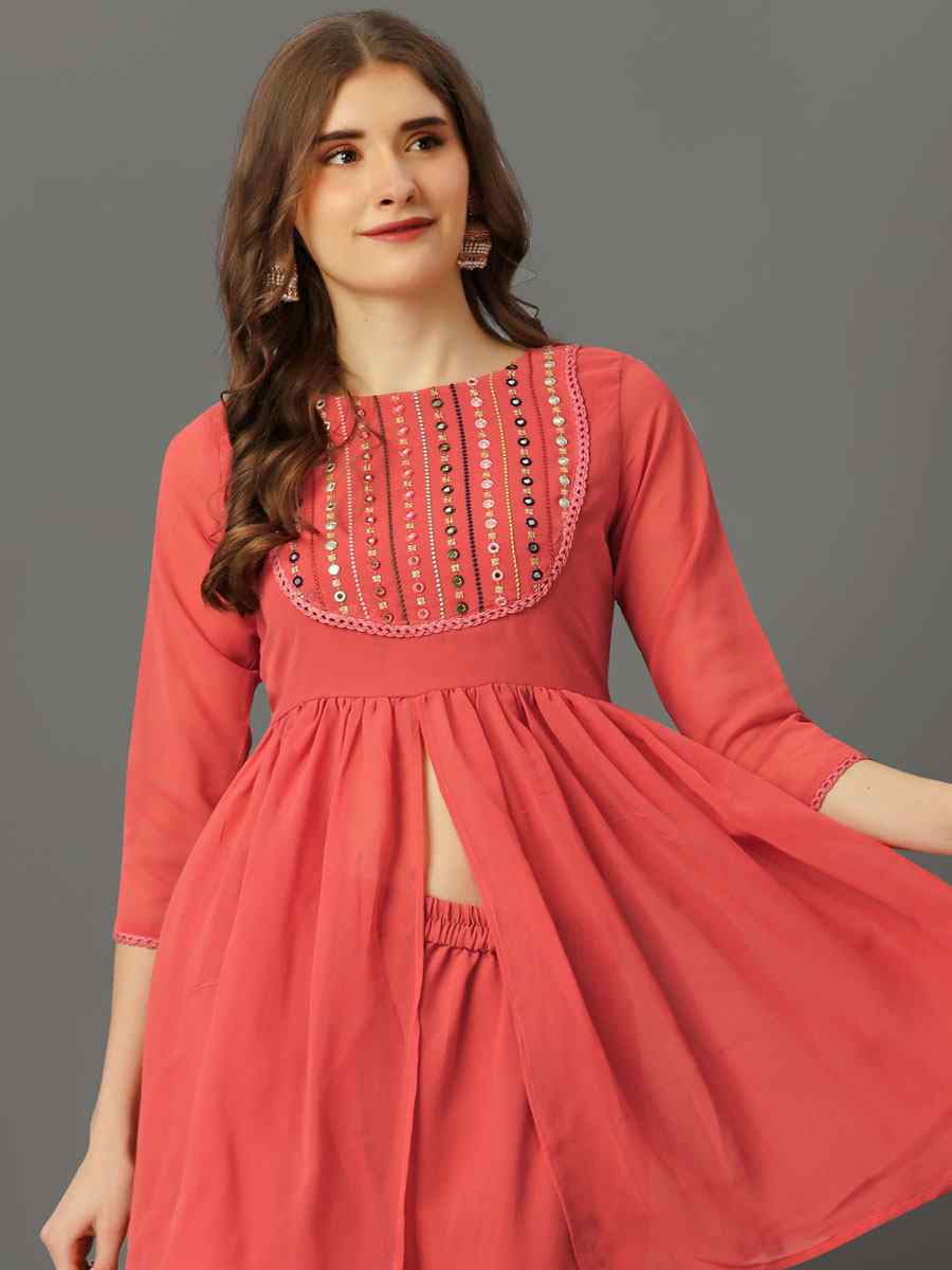 Peach Georgette Embroidered Festival Casual Kurti with Bottom