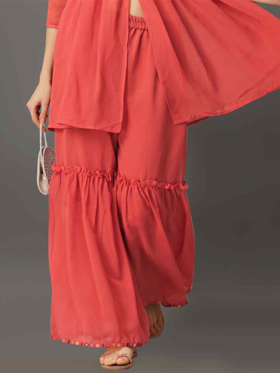 Peach Georgette Embroidered Festival Casual Kurti with Bottom