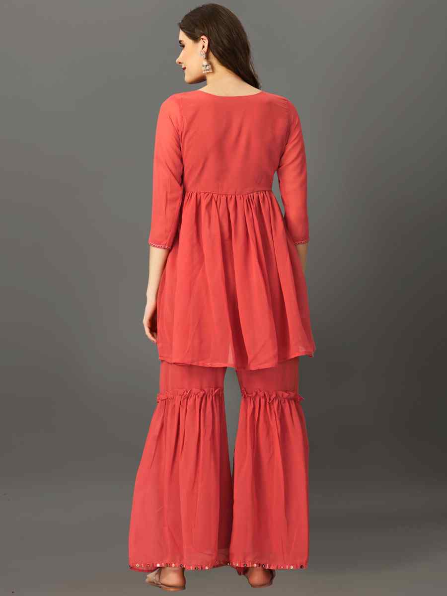 Peach Georgette Embroidered Festival Casual Kurti with Bottom