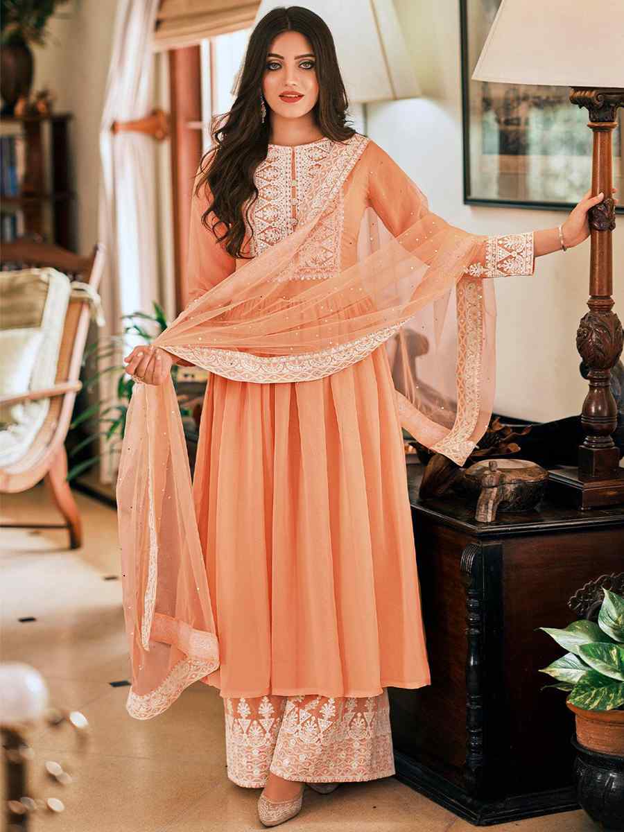 Peach Georgette Embroidered Festival Casual Pant Salwar Kameez