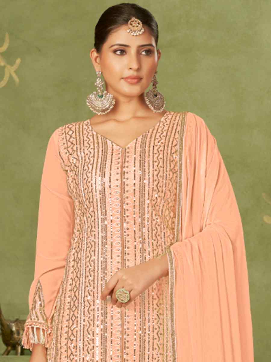 Peach Georgette Embroidered Festival Mehendi Pant Salwar Kameez