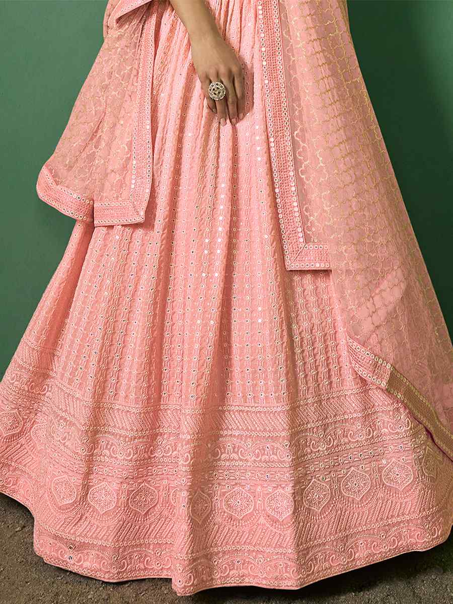 Peach Georgette Embroidered Festival Wedding Circular Lehenga Choli