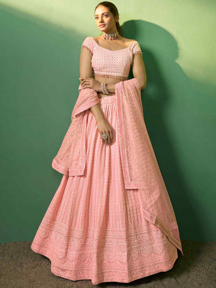 Peach Georgette Embroidered Festival Wedding Circular Lehenga Choli
