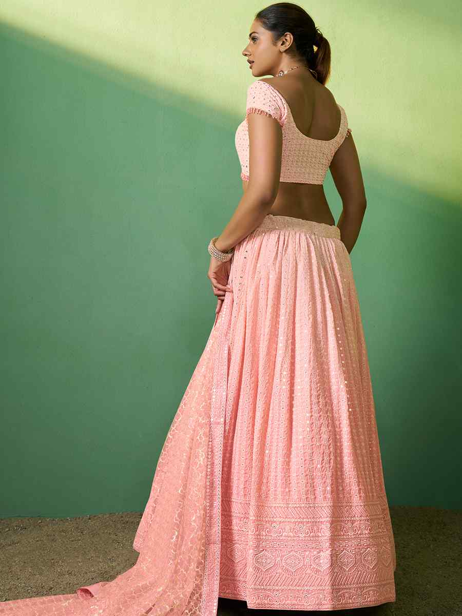 Peach Georgette Embroidered Festival Wedding Circular Lehenga Choli