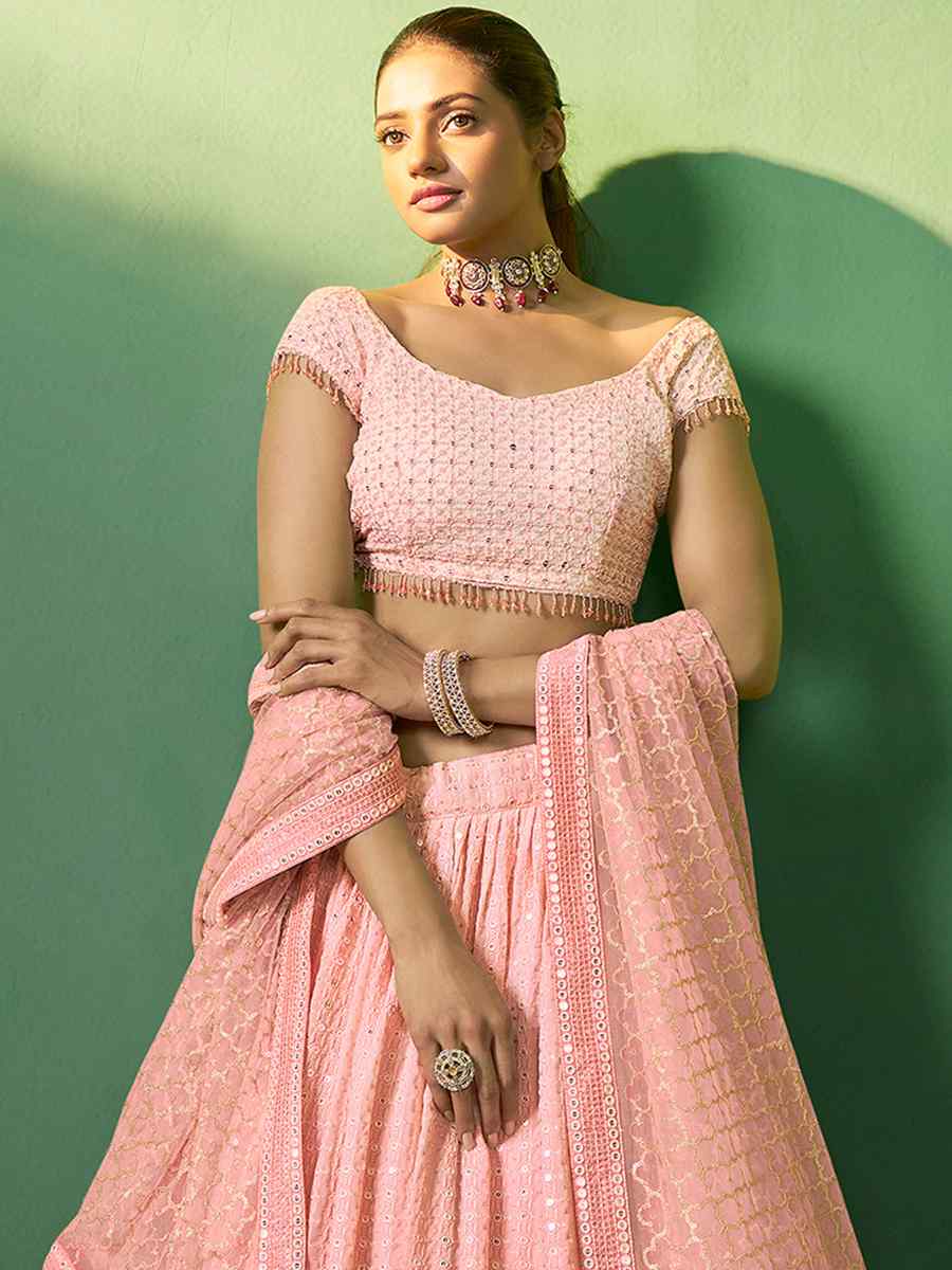 Peach Georgette Embroidered Festival Wedding Circular Lehenga Choli