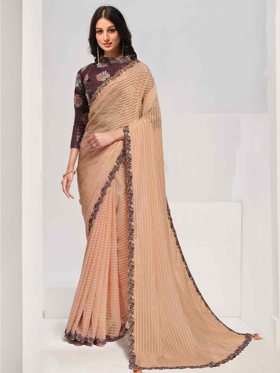 Peach Georgette Embroidered Festival Wedding Fancy Heavy Border Saree