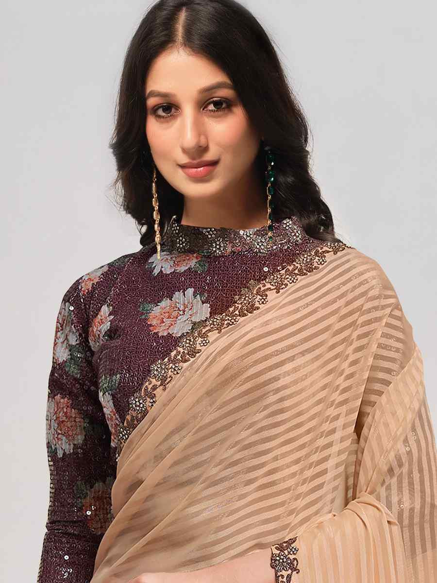 Peach Georgette Embroidered Festival Wedding Fancy Heavy Border Saree