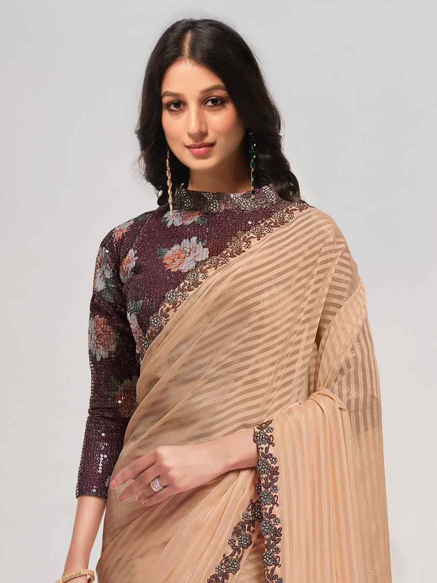 Peach Georgette Embroidered Festival Wedding Fancy Heavy Border Saree