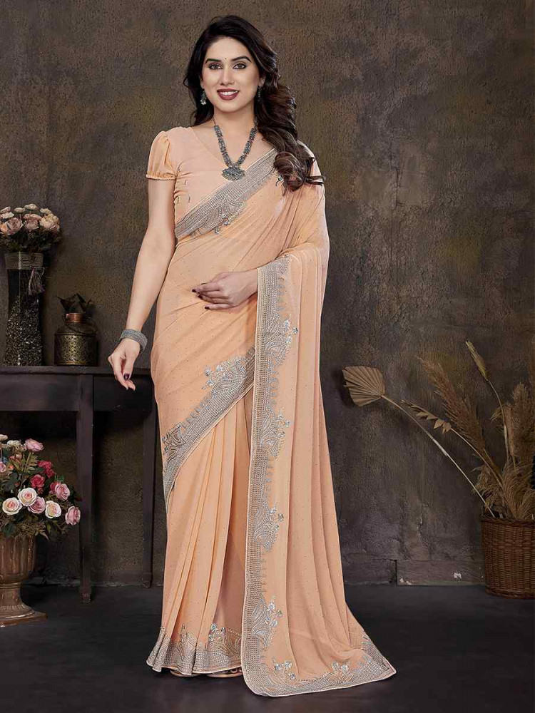 Peach Georgette Embroidered Festival Wedding Fancy Heavy Border Saree