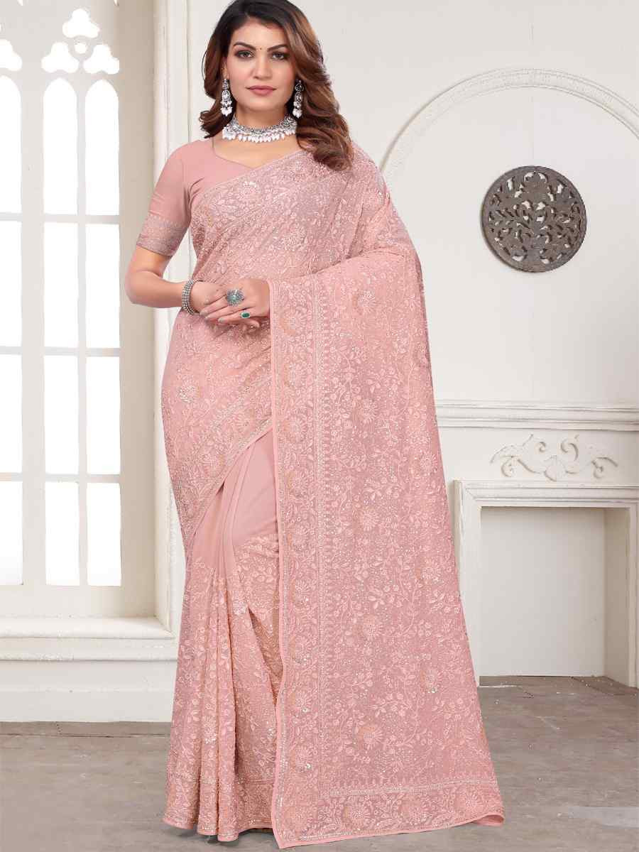 Peach Georgette Embroidered Festival Wedding Fancy Heavy Border Saree