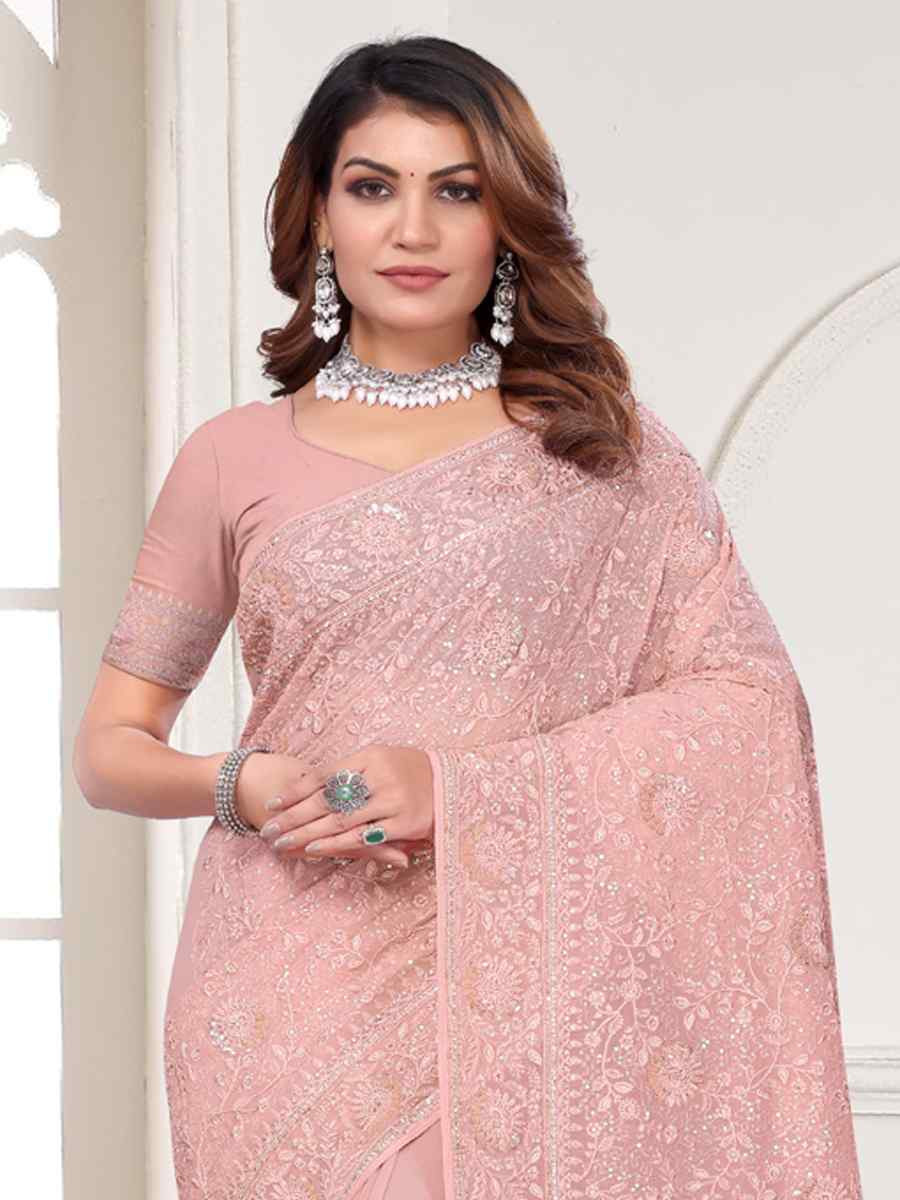 Peach Georgette Embroidered Festival Wedding Fancy Heavy Border Saree