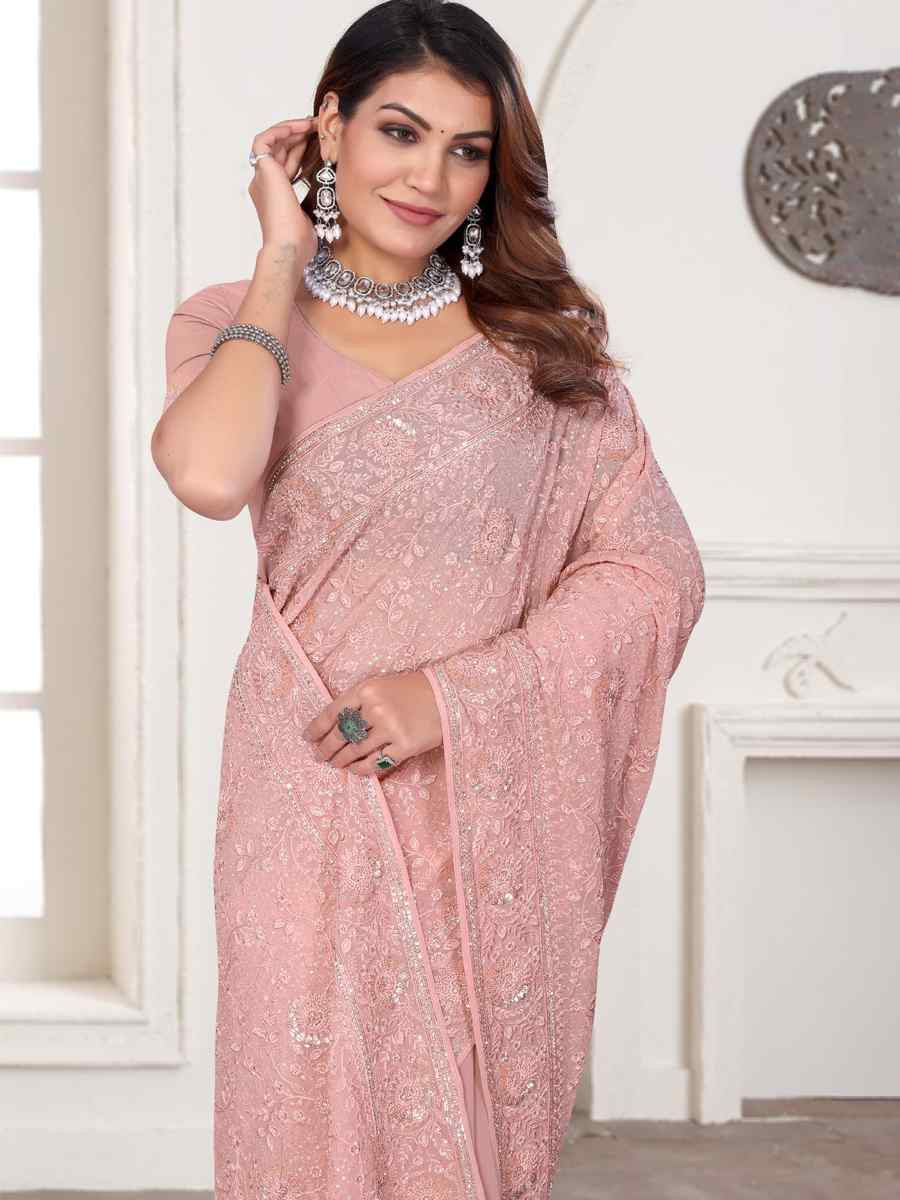 Peach Georgette Embroidered Festival Wedding Fancy Heavy Border Saree