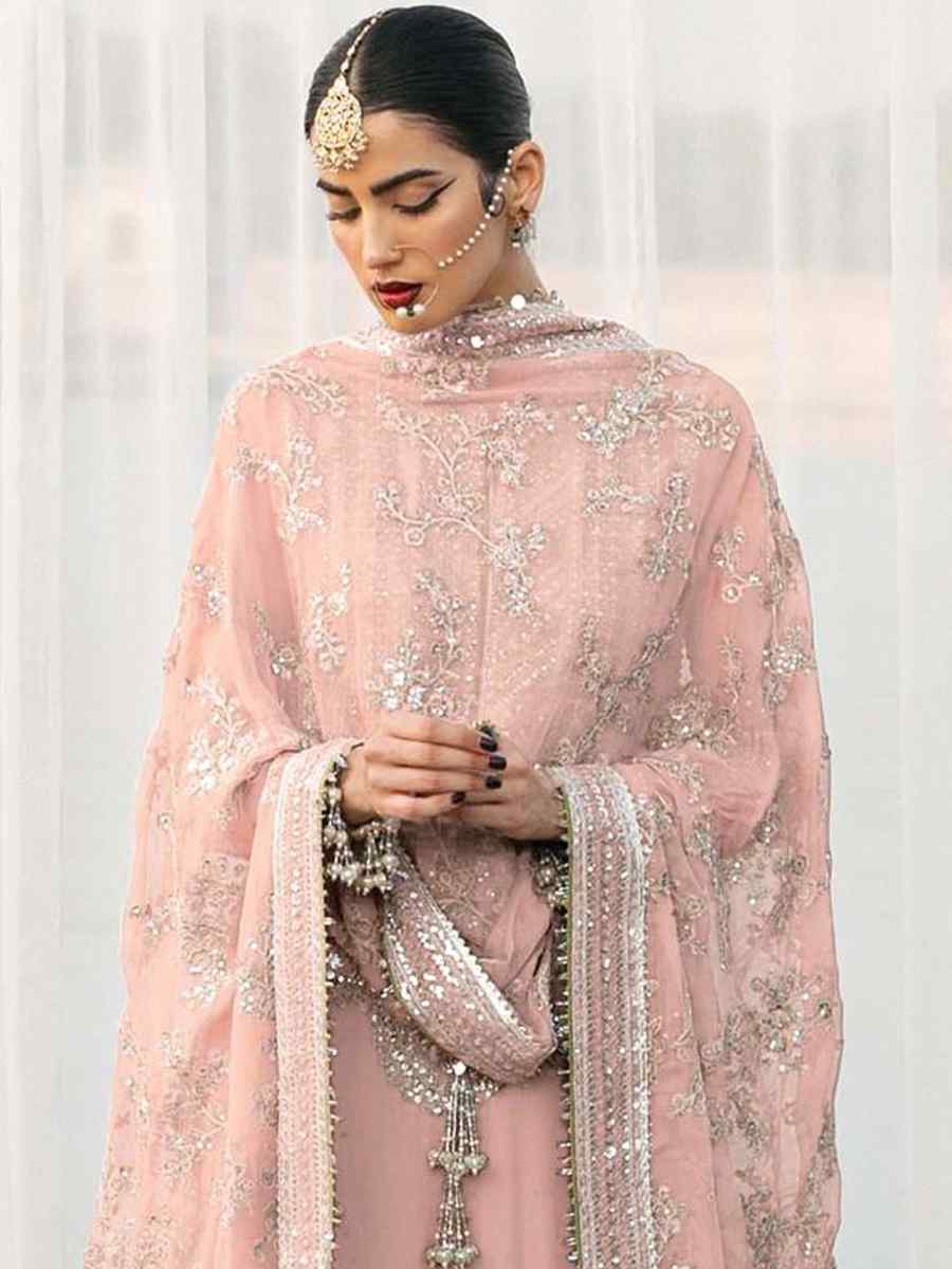Peach Georgette Embroidered Festival Wedding Palazzo Pant Salwar Kameez