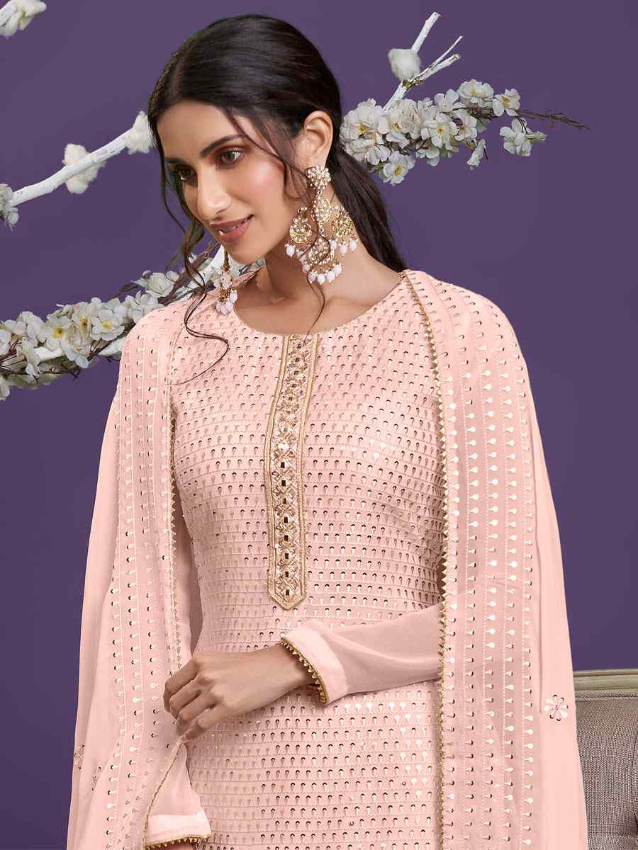 Peach Georgette Embroidered Festival Wedding Sharara Pant Salwar Kameez