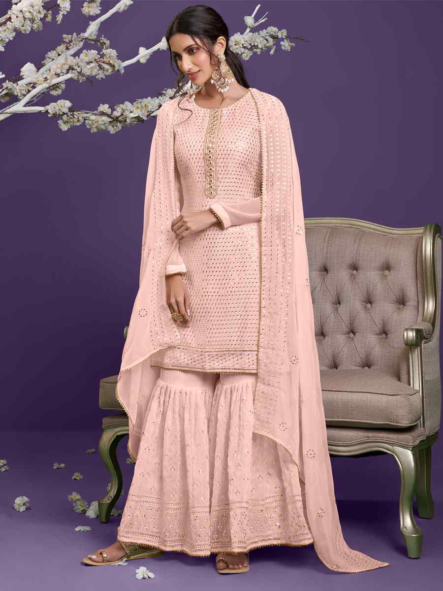Peach Georgette Embroidered Festival Wedding Sharara Pant Salwar Kameez