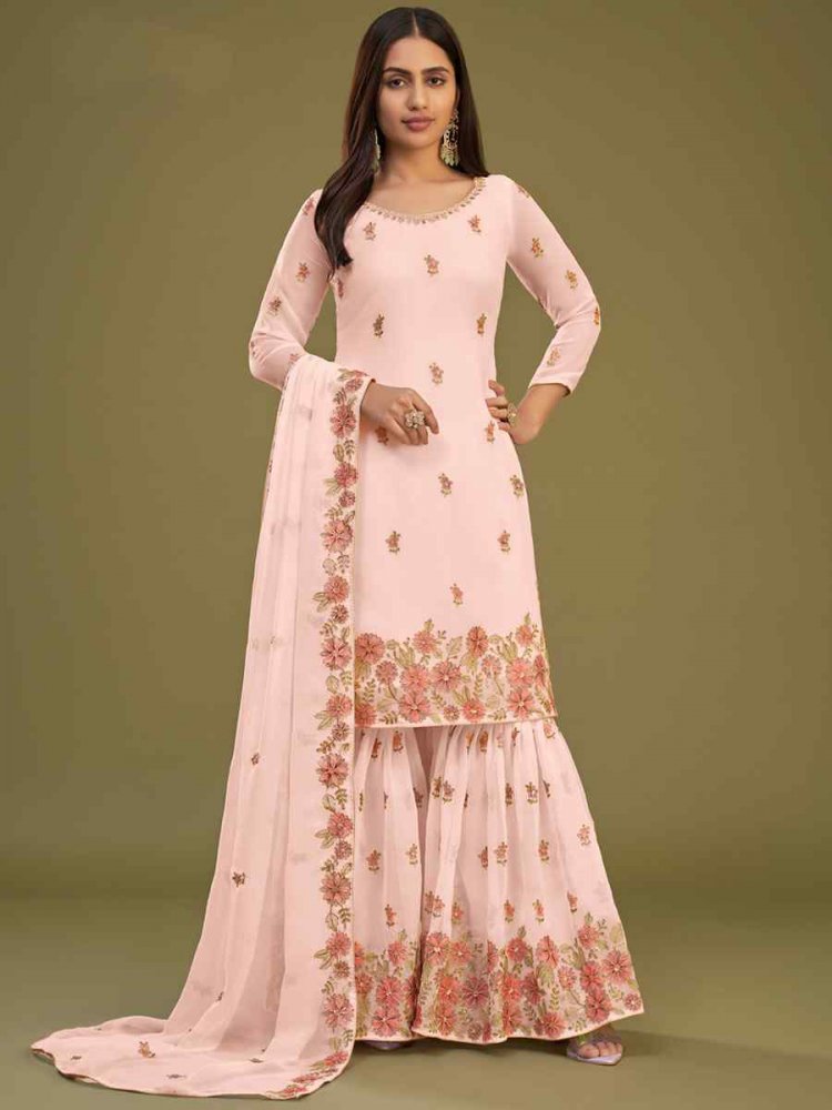 Peach Georgette Embroidered Festival Wedding Sharara Pant Salwar Kameez