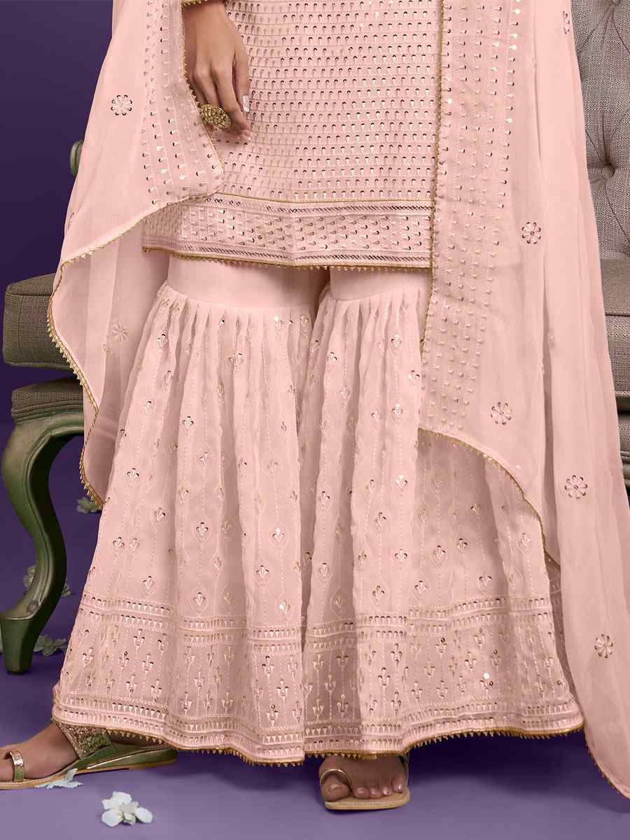 Peach Georgette Embroidered Festival Wedding Sharara Pant Salwar Kameez