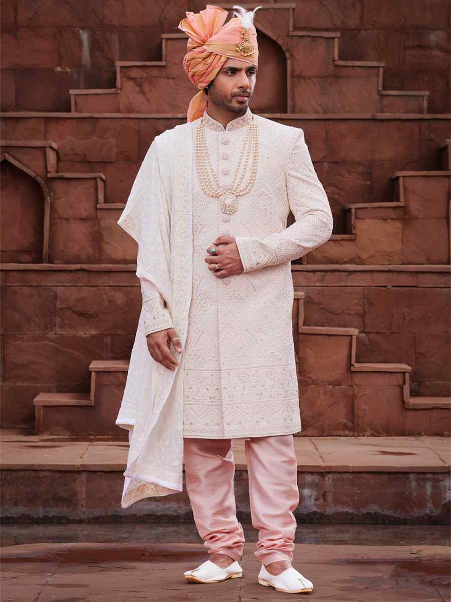 Peach Georgette Embroidered Groom Wedding Sherwani