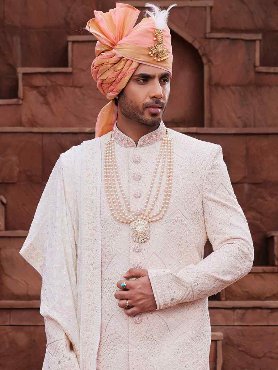 Peach Georgette Embroidered Groom Wedding Sherwani