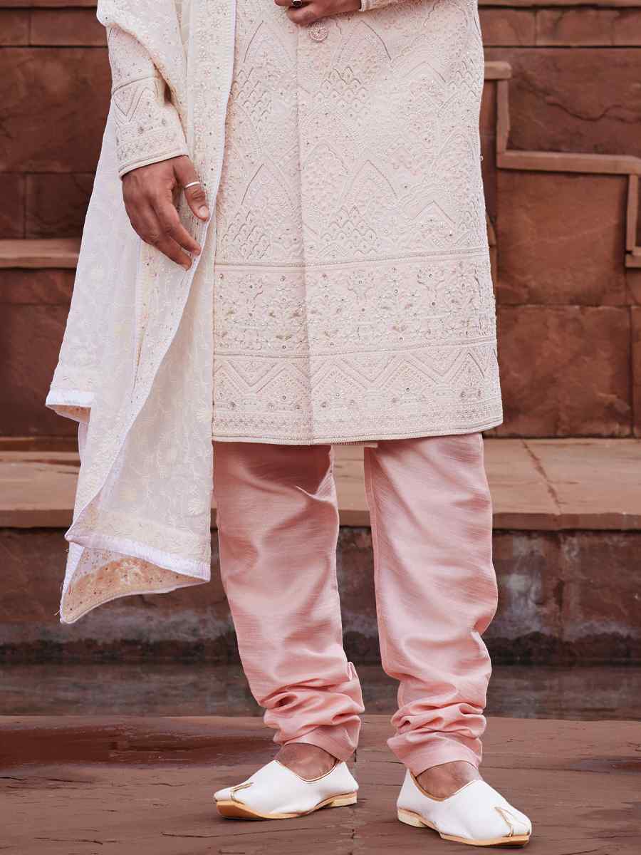 Peach Georgette Embroidered Groom Wedding Sherwani