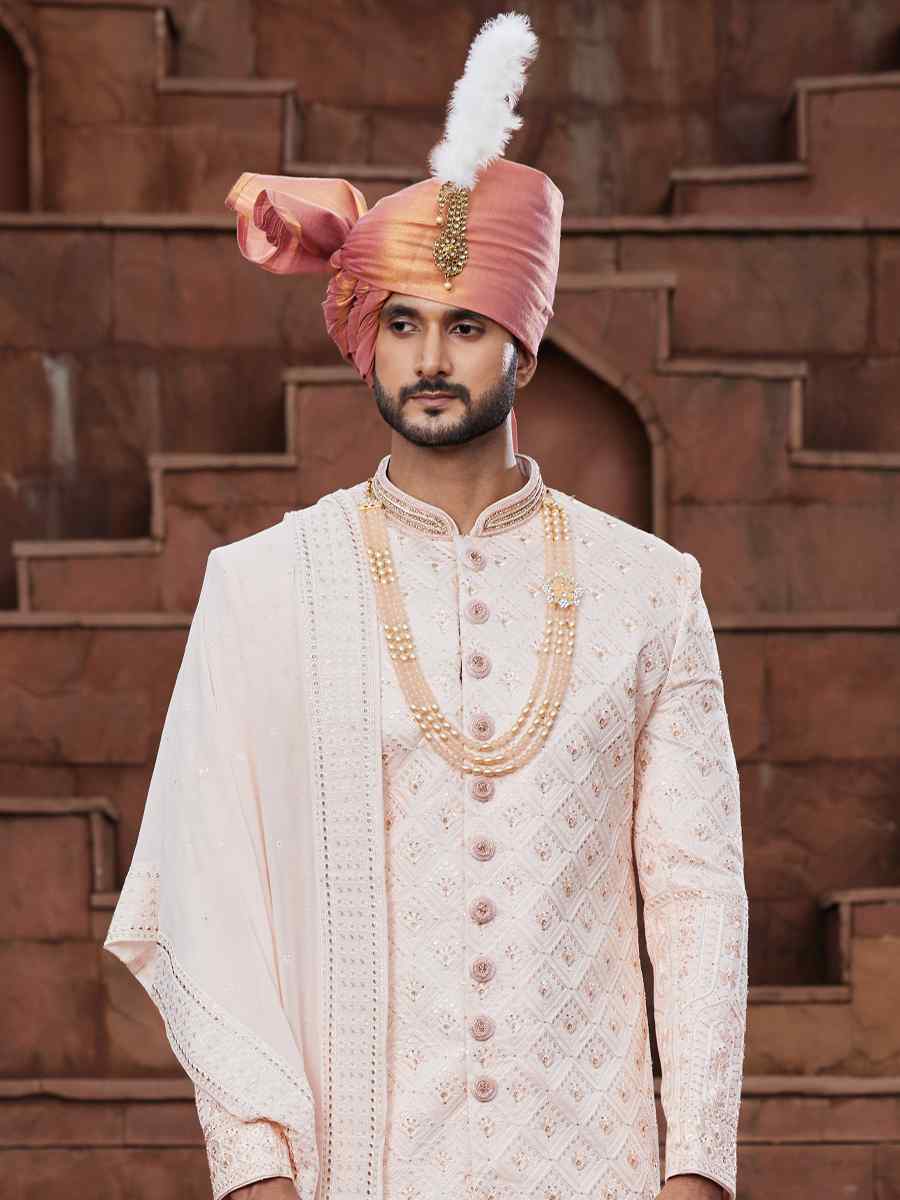 Peach Georgette Embroidered Groom Wedding Sherwani