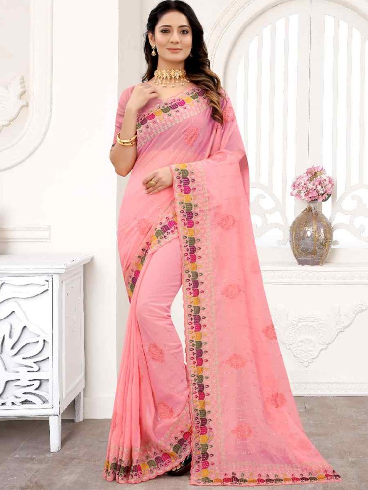 Peach Georgette Embroidered Party Festival Heavy Border Saree