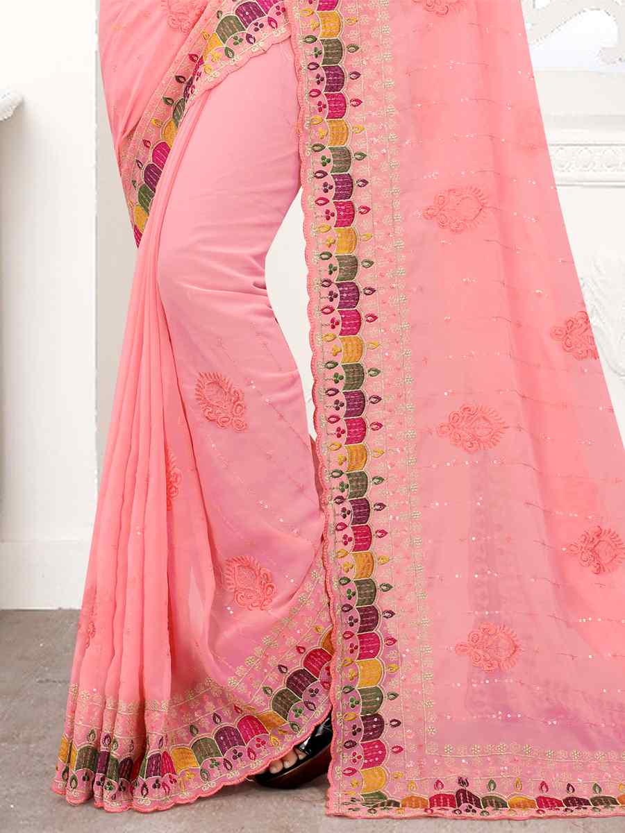 Peach Georgette Embroidered Party Festival Heavy Border Saree