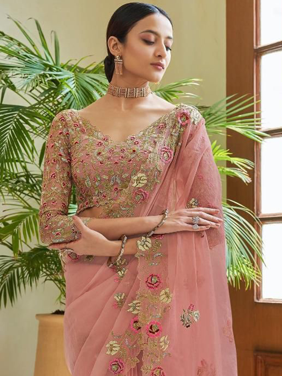Peach Georgette Embroidered Party Reception Heavy Border Saree