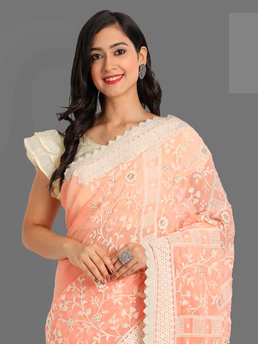 Peach Georgette Embroidered Wedding Festival Classic Style Saree