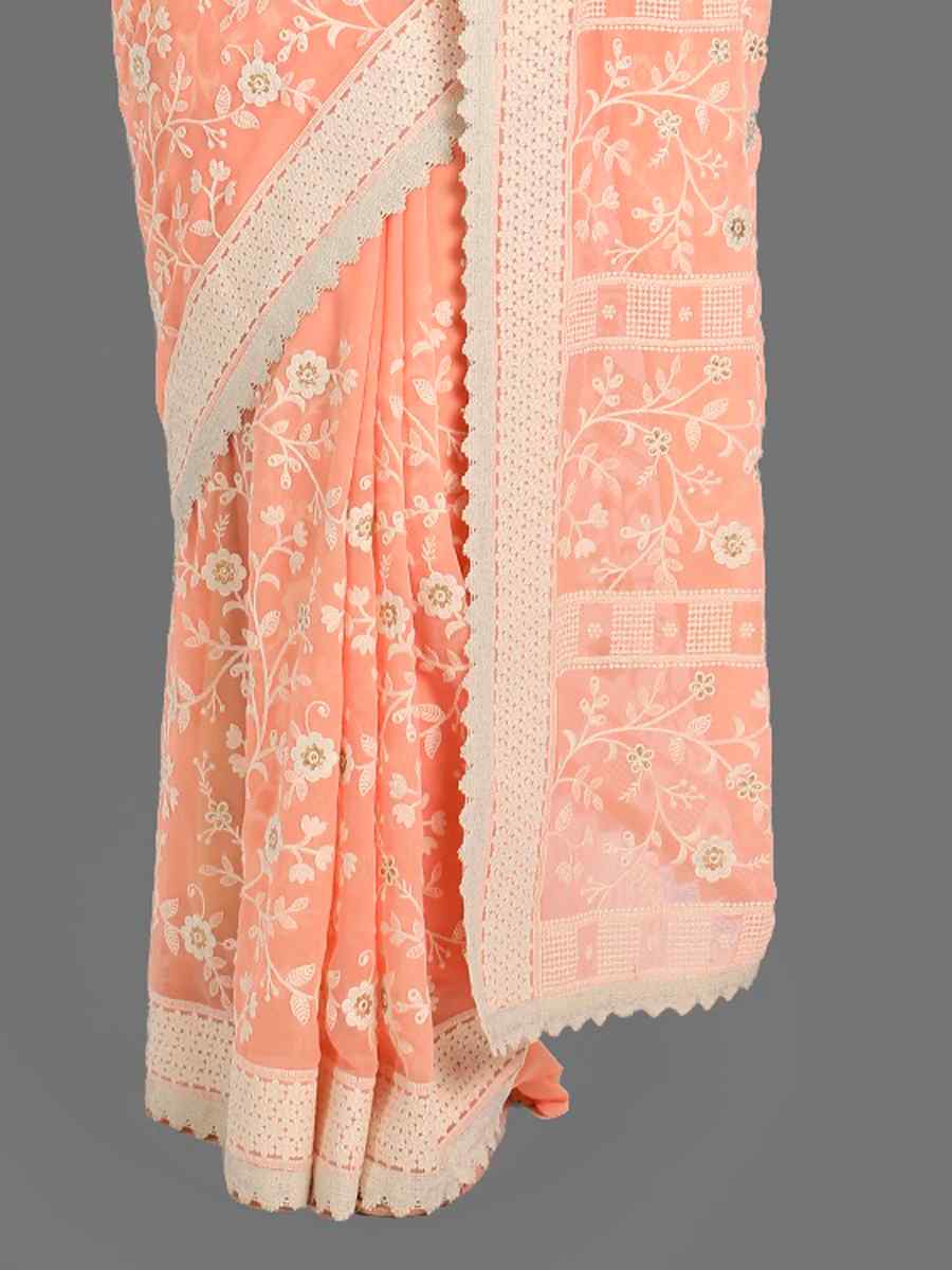 Peach Georgette Embroidered Wedding Festival Classic Style Saree