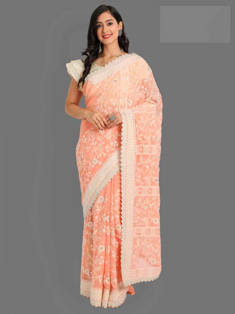 Peach Georgette Embroidered Wedding Festival Classic Style Saree