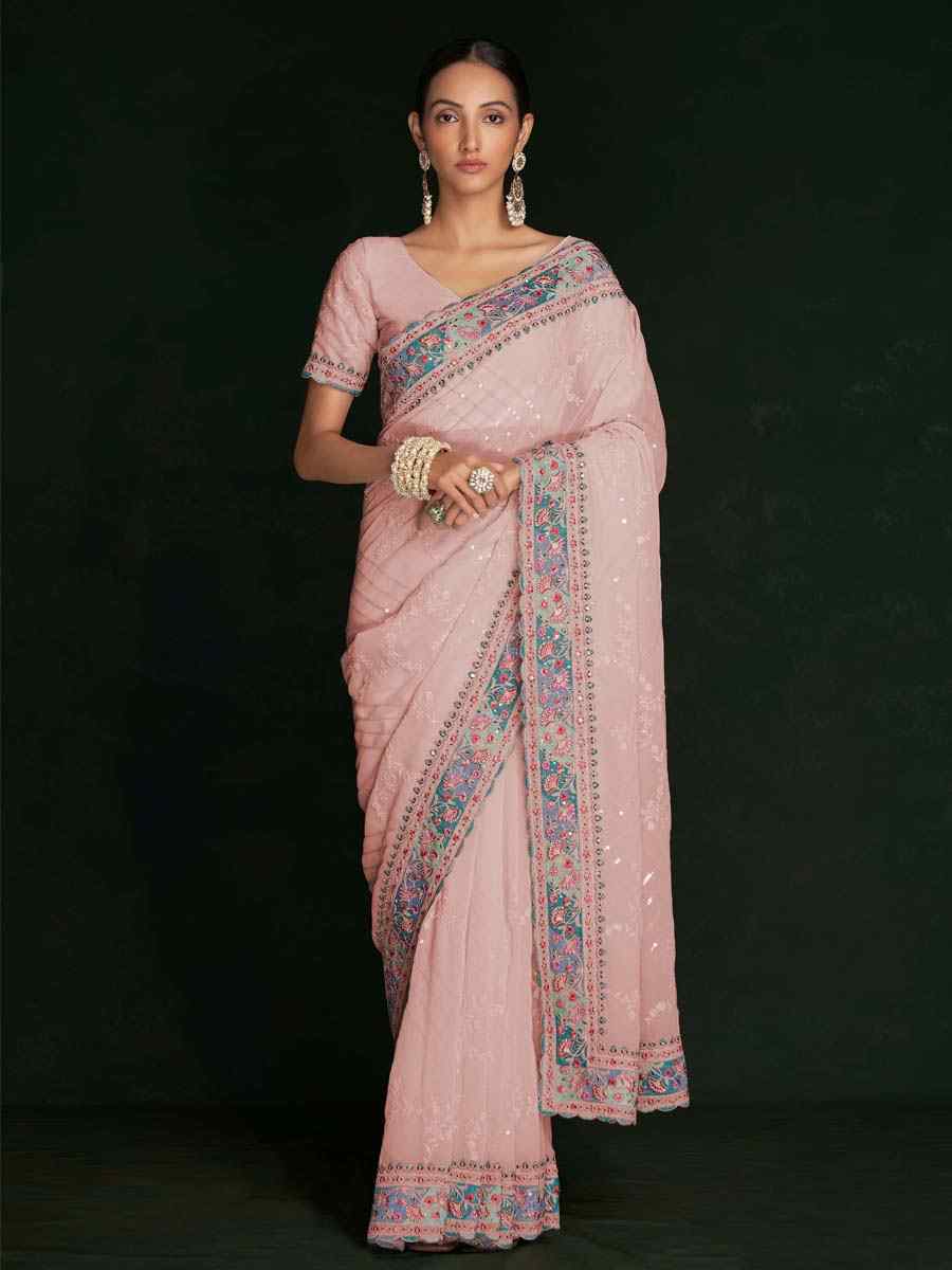 Peach Georgette Embroidered Wedding Festival Heavy Border Saree