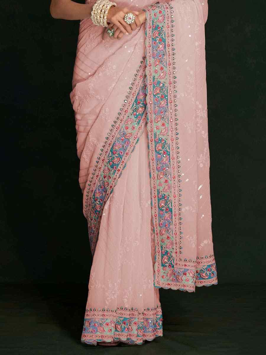 Peach Georgette Embroidered Wedding Festival Heavy Border Saree