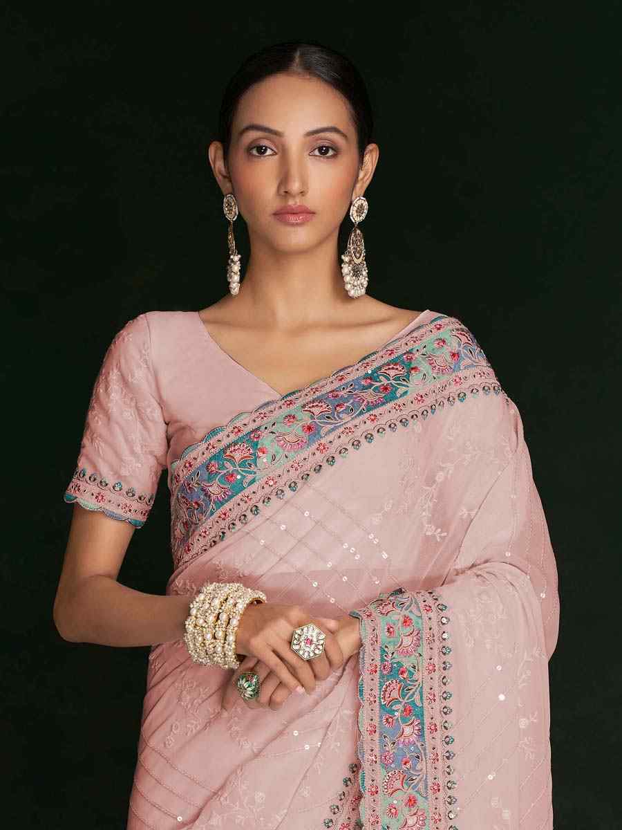 Peach Georgette Embroidered Wedding Festival Heavy Border Saree