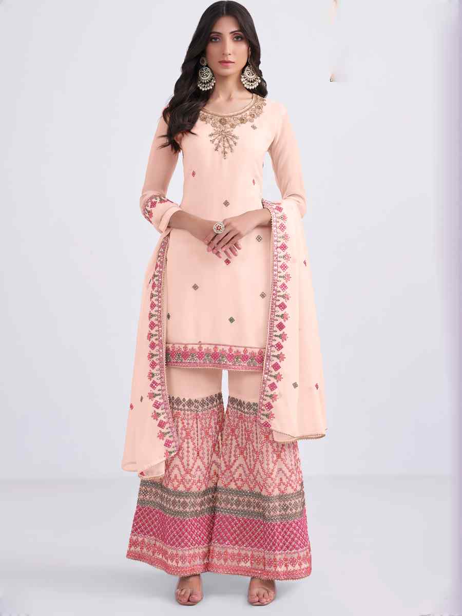 Peach Georgette Embroidered Wedding Festival Palazzo Pant Salwar Kameez