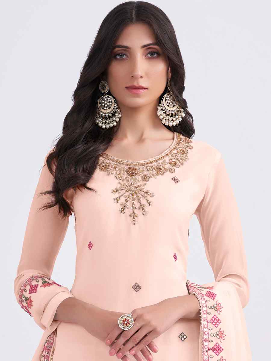 Peach Georgette Embroidered Wedding Festival Palazzo Pant Salwar Kameez