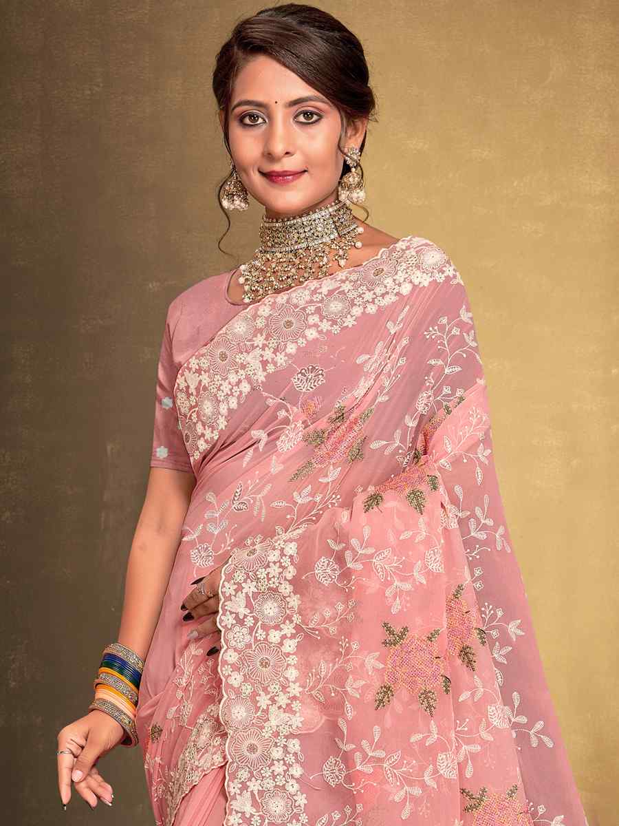 Peach Georgette Embroidered Wedding Party Heavy Border Saree