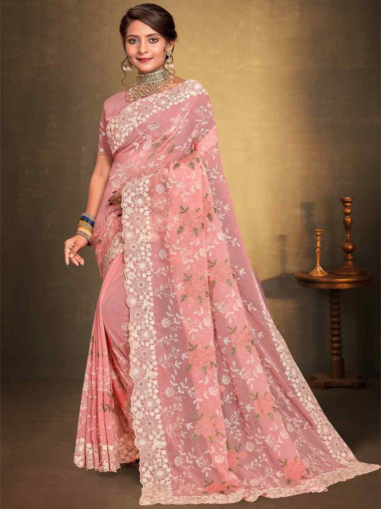 Peach Georgette Embroidered Wedding Party Heavy Border Saree