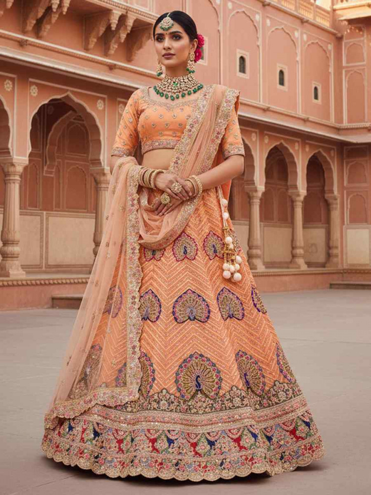 Image of Peach Georgette Embroidered Wedding Reception Festival Heavy Border Lehenga Choli