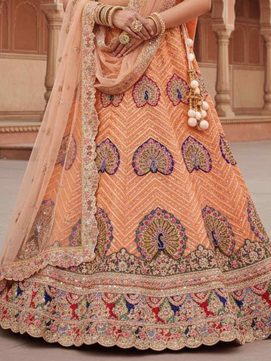 Peach Georgette Embroidered Wedding Reception Festival Heavy Border Lehenga Choli
